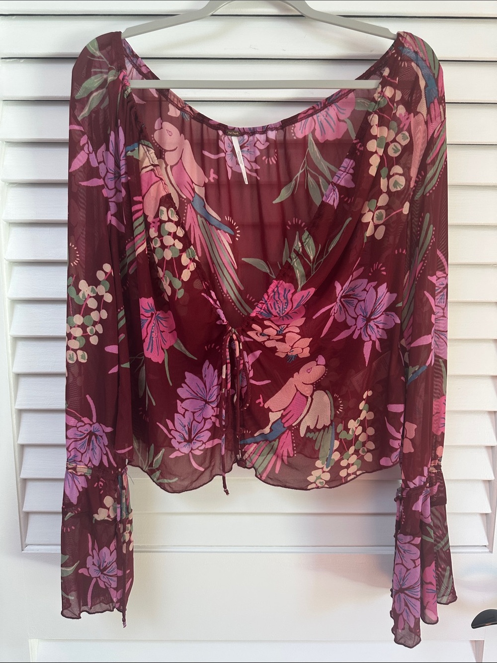 Free People Burgundy Sheer Floral Tie-Front Blouse - Picture 1 of 5